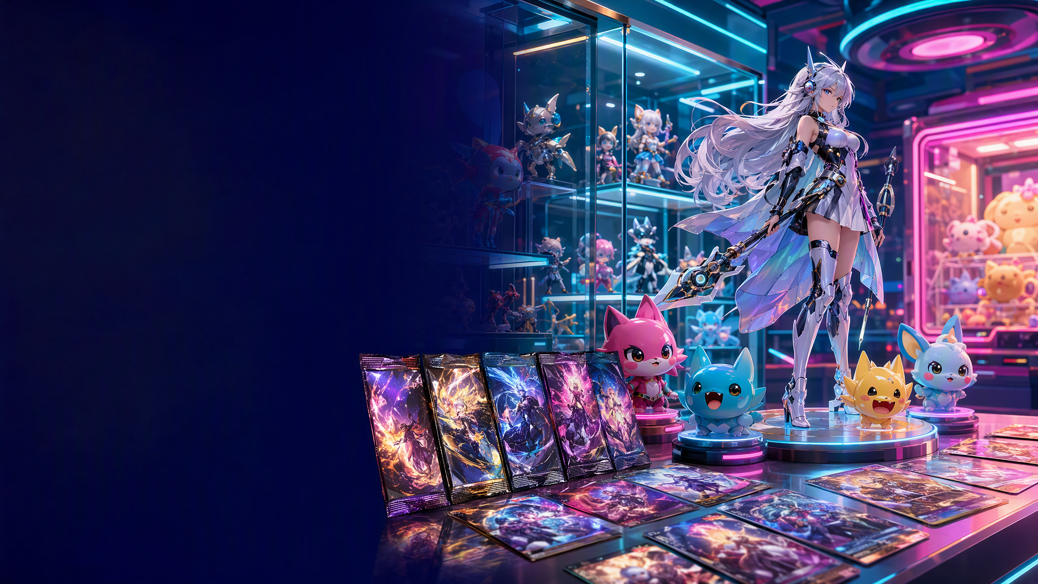 Original anime-inspired figures and collectible card packs in an arcade display room